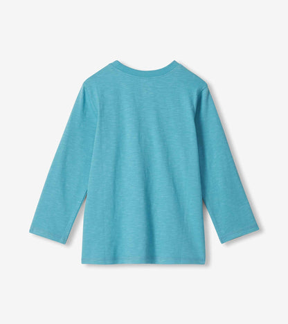 Back view of blue boys long-sleeve T-shirt with plain solid design
