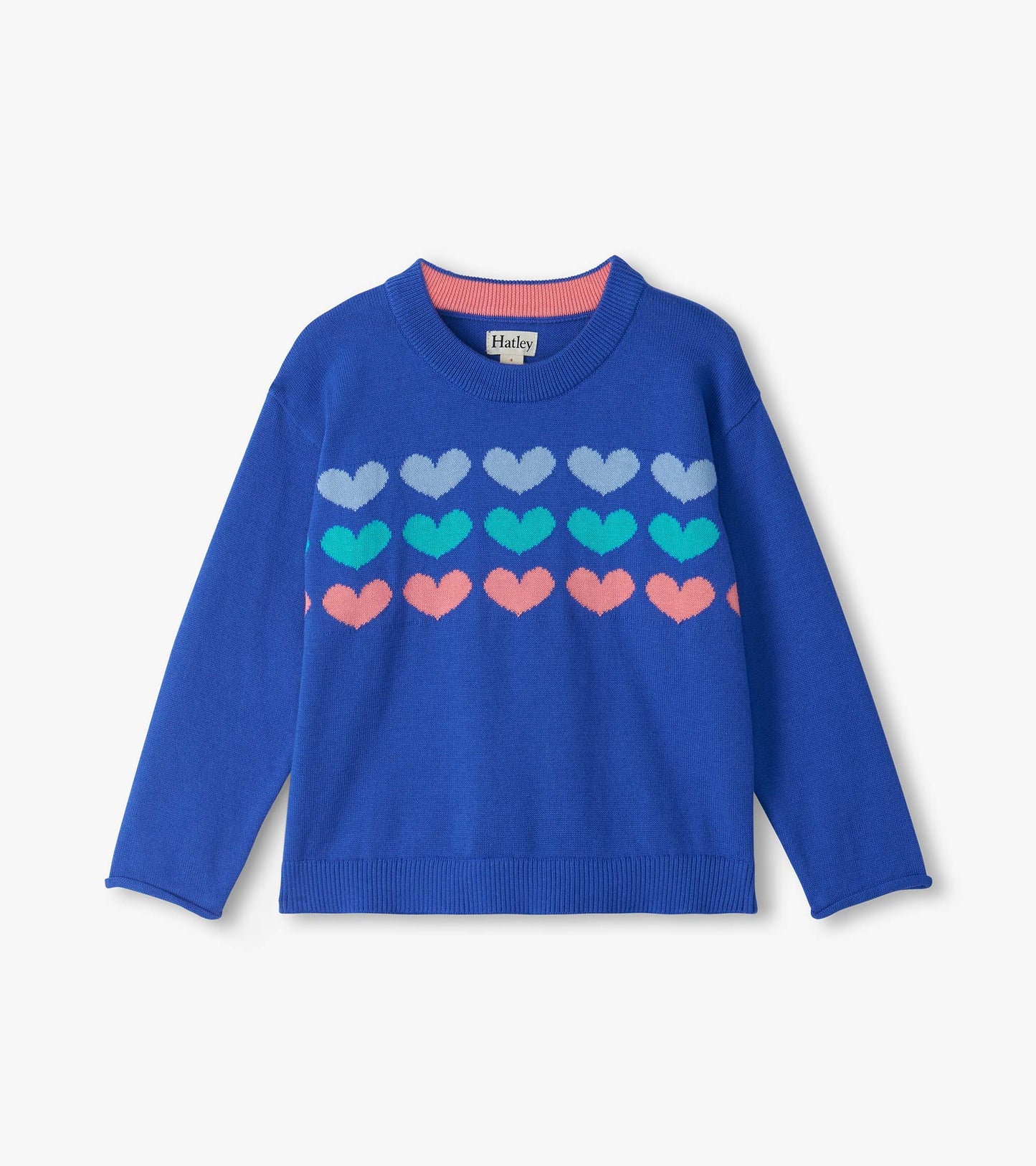 Front view of blue crew neck sweater with rows of pink, teal, and light blue hearts