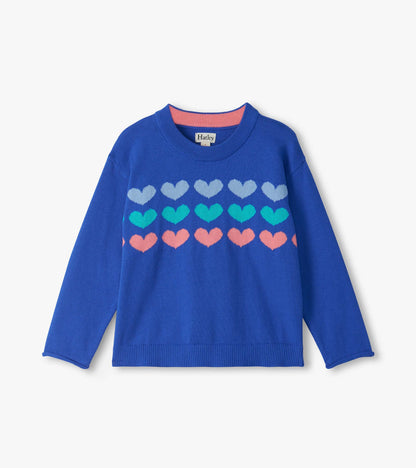 Front view of blue crew neck sweater with rows of pink, teal, and light blue hearts