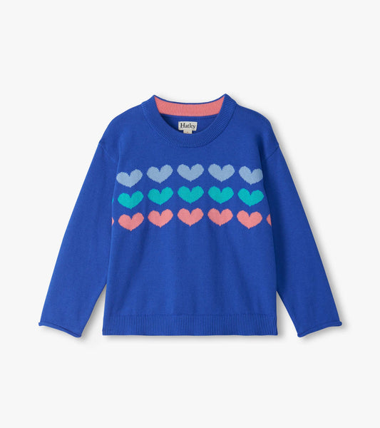 Front view of blue crew neck sweater with rows of pink, teal, and light blue hearts