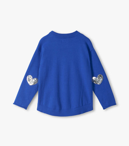 Back view of blue crew neck sweater with silver heart patches on the elbows
