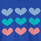 Three rows of heart shapes in light blue, teal, and pink on a navy background