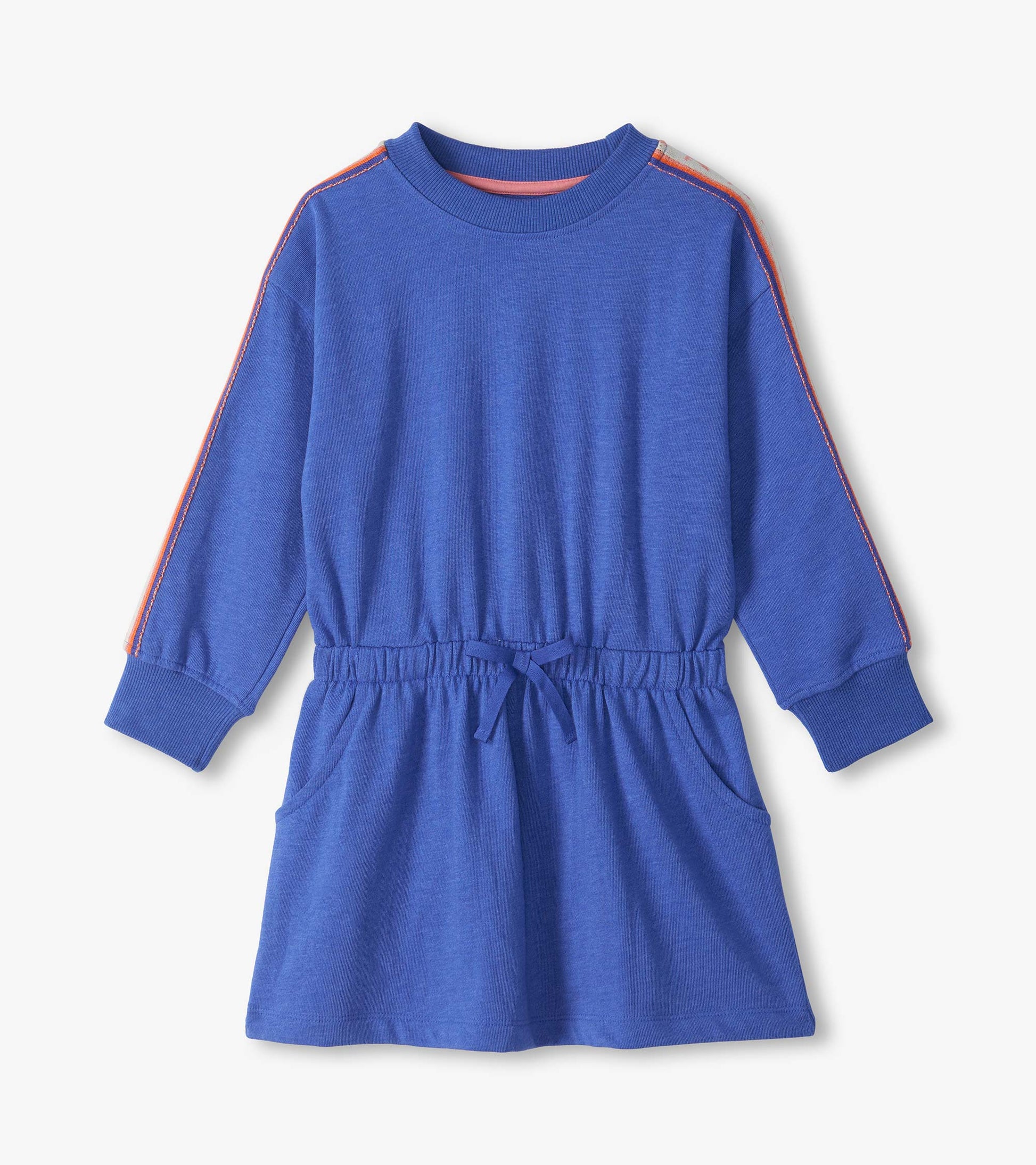 Blue long sleeve cozy dress with orange ribbon trim on sleeves, elastic waist tie, and front pockets