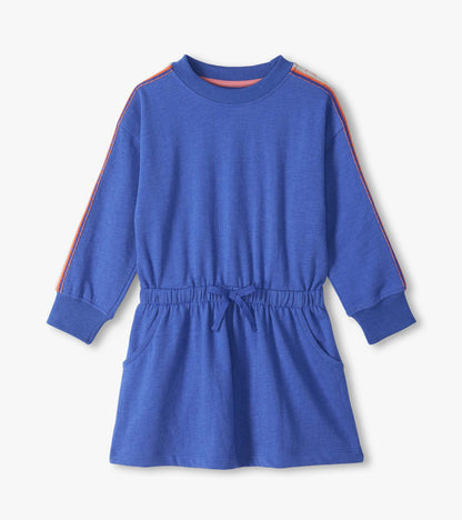 Blue sweatshirt dress with long sleeves, ribbed cuffs, front pockets, and an elastic waist with tie bow