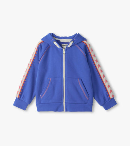 Front view of blue girls full-zip hoodie with hood, kangaroo pockets, and pink star tape on raglan sleeves