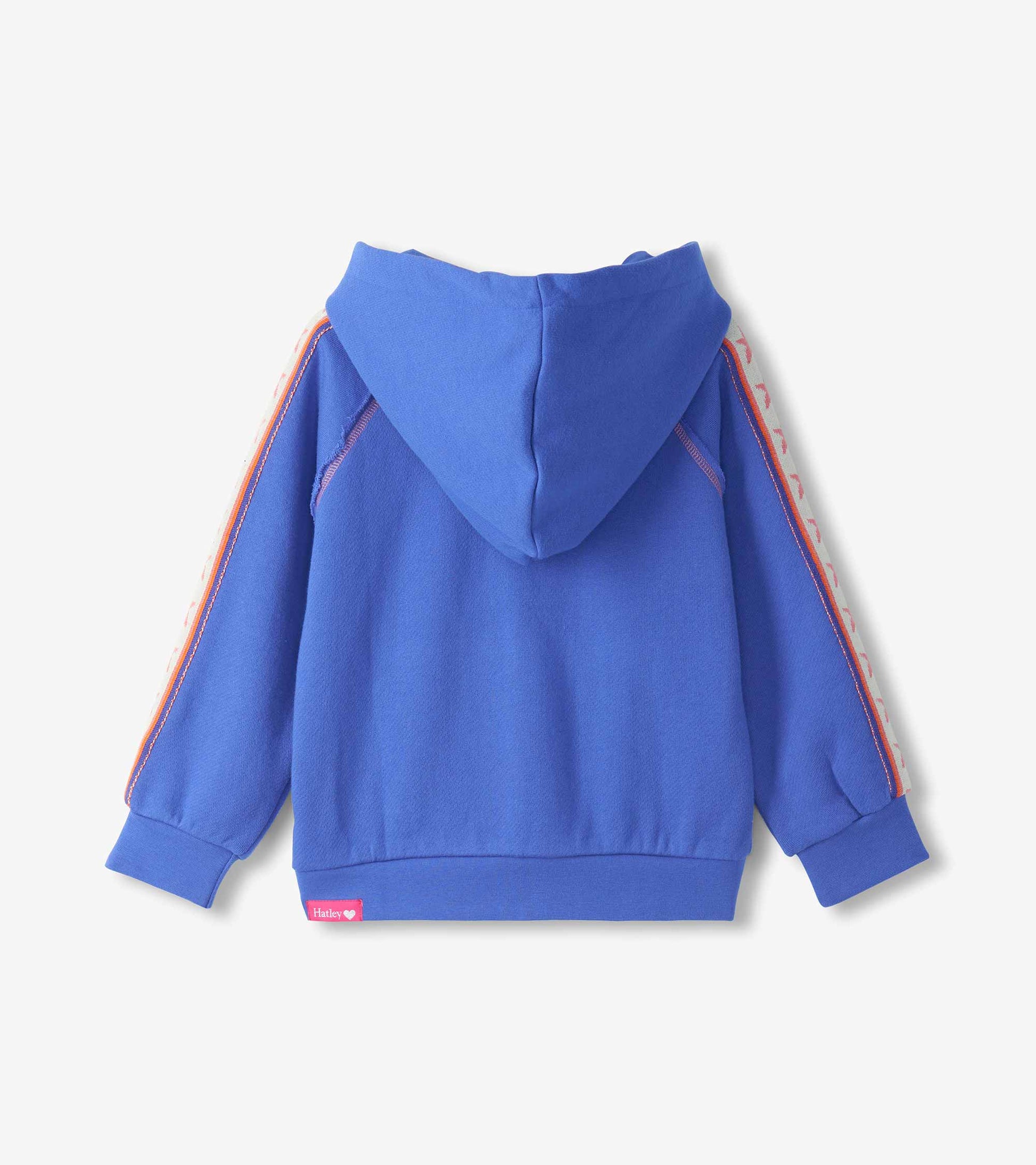 Back view of blue girls hoodie with hood and pink star tape running down both sleeves