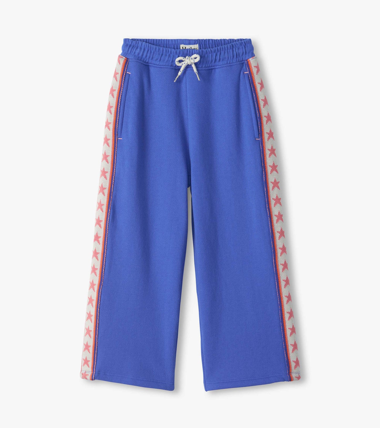 Blue wide leg track pants with drawstring waist and pink star side stripes
