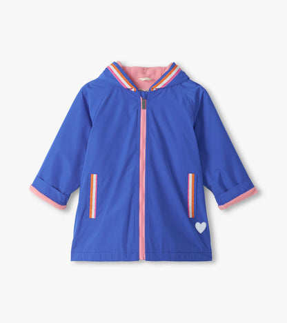 Front view of girls blue swing rain jacket with hood, pink zipper, striped pockets, and heart detail