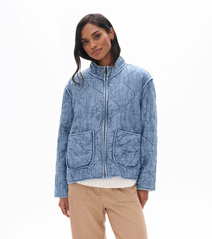 Front view of blue acid rinse quilted jacket with stand collar, zip front, and two patch pockets
