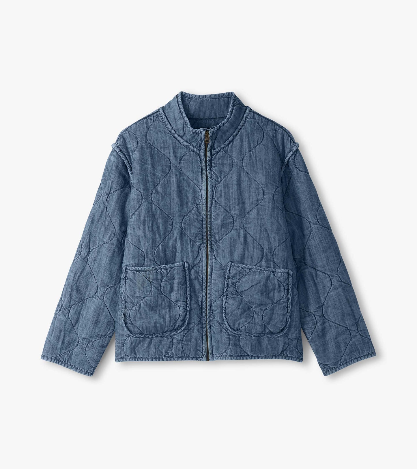 Flat lay front view of blue acid rinse quilted jacket with zip front and two front patch pockets