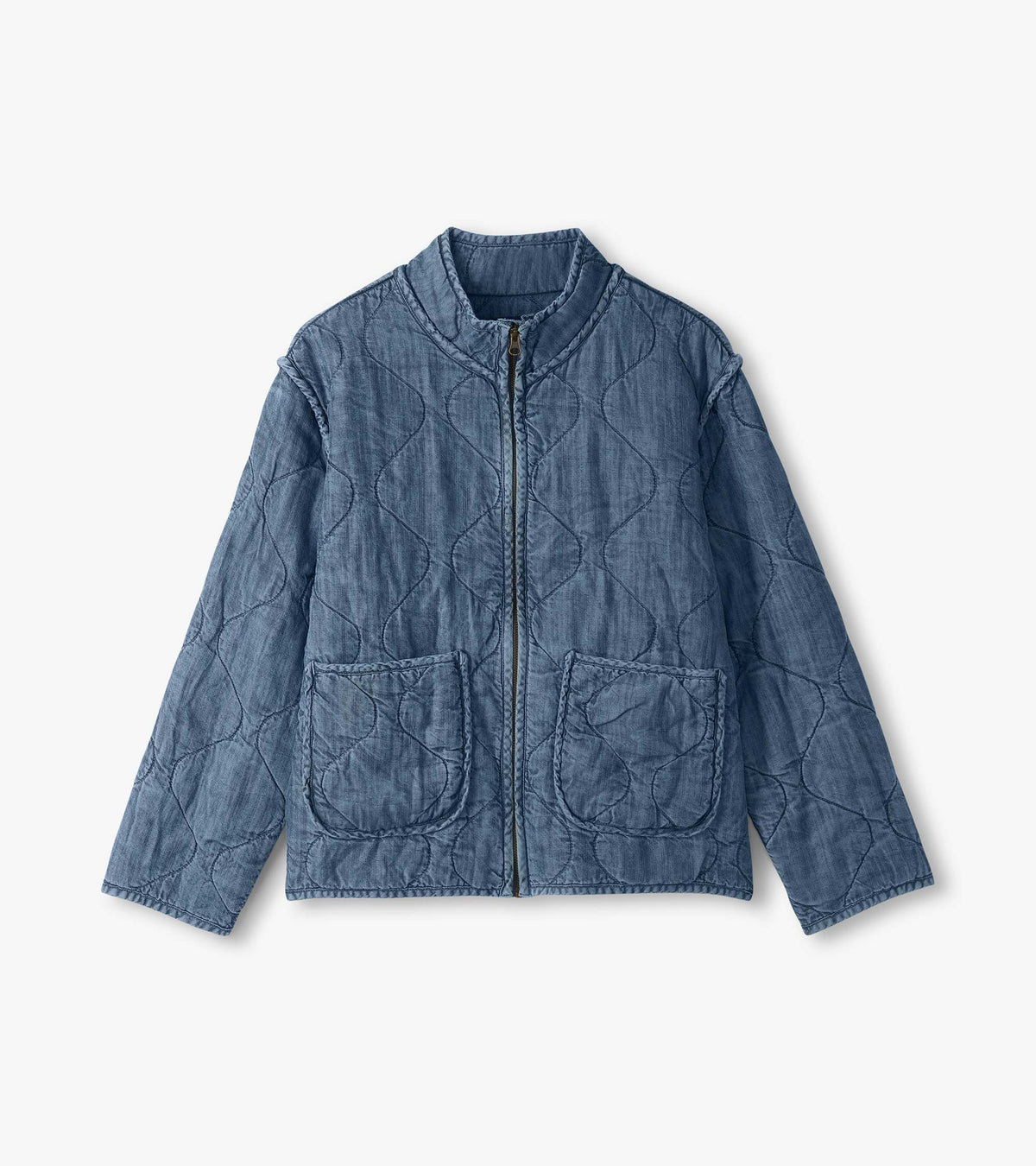 Flat lay front view of blue acid rinse quilted jacket with zip front and two front patch pockets