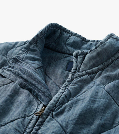 Close-up of blue acid rinse quilted jacket collar and zipper detail