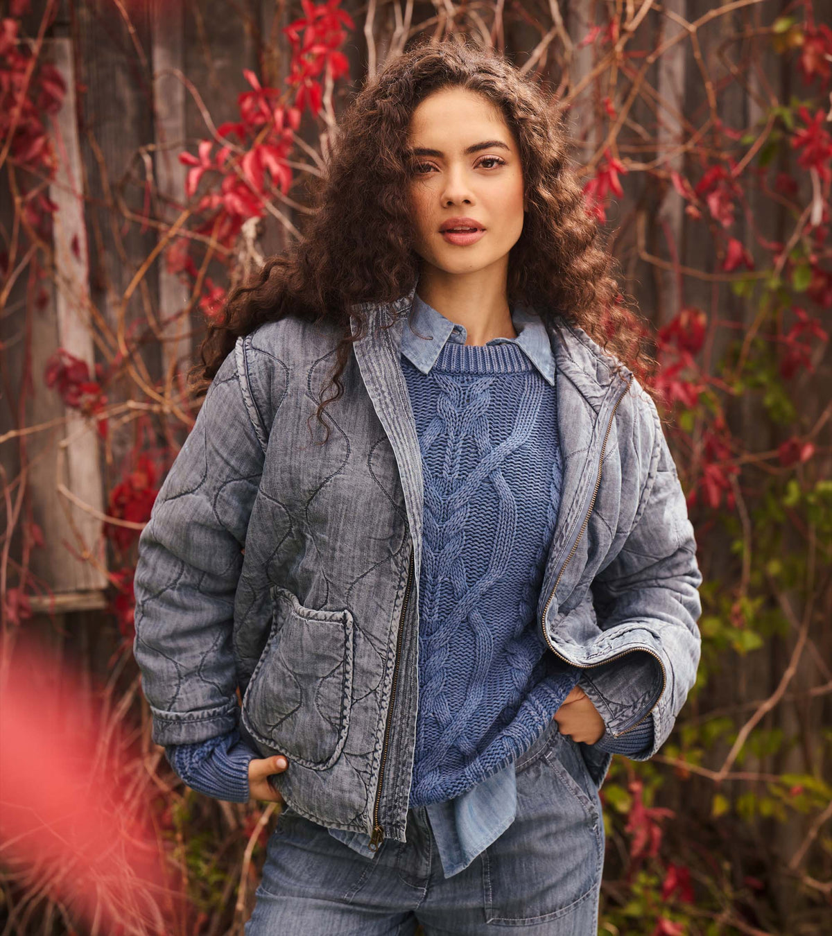 Close view of stellar blue cable knit sweater under a gray quilted jacket