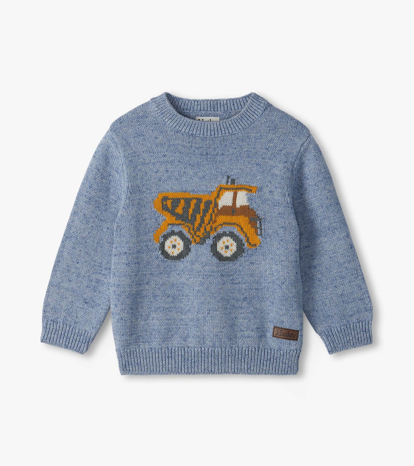 Light blue crew neck sweater with long sleeves and a yellow dump truck graphic on the front