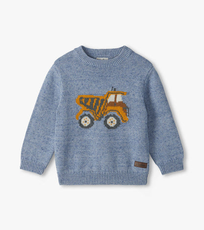 Front view of heathered blue crew neck sweater with orange dump truck graphic and ribbed trim