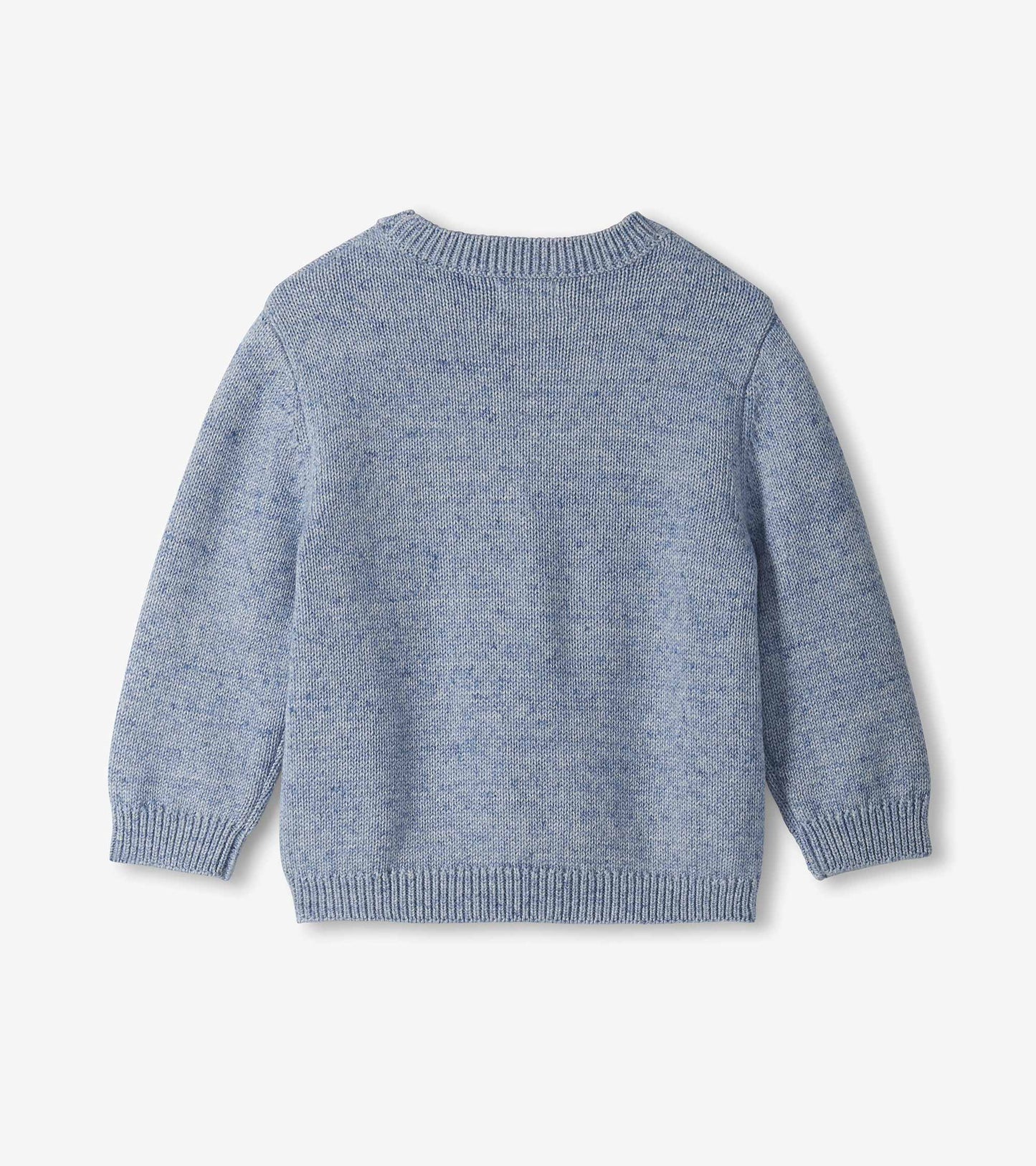 Back view of heathered blue crew neck sweater with long sleeves and ribbed hem and cuffs