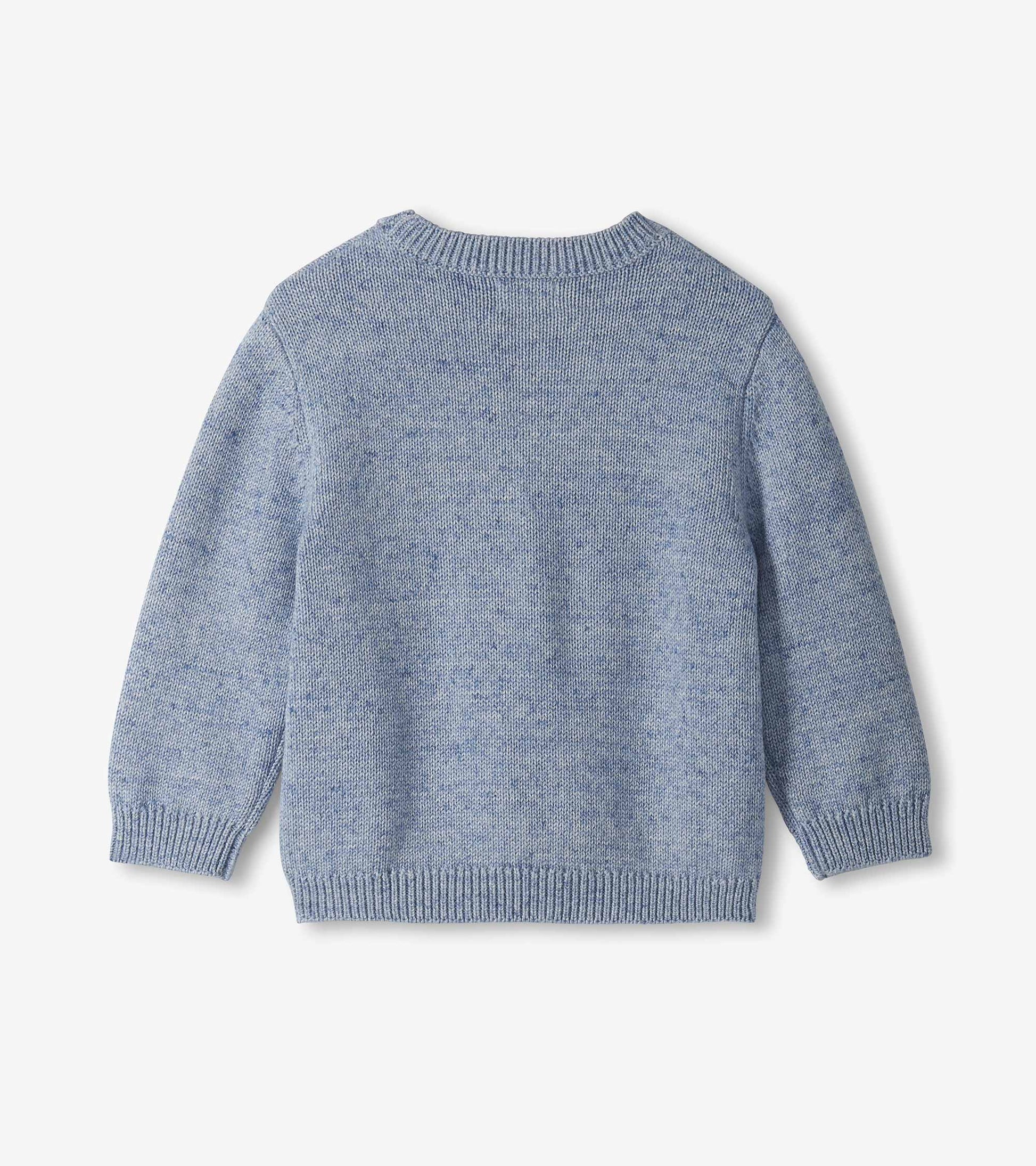 Back view of heathered blue crew neck sweater with long sleeves and ribbed hem and cuffs
