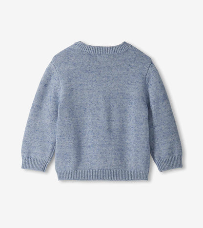 Back view of heathered blue crew neck sweater with long sleeves and ribbed hem and cuffs