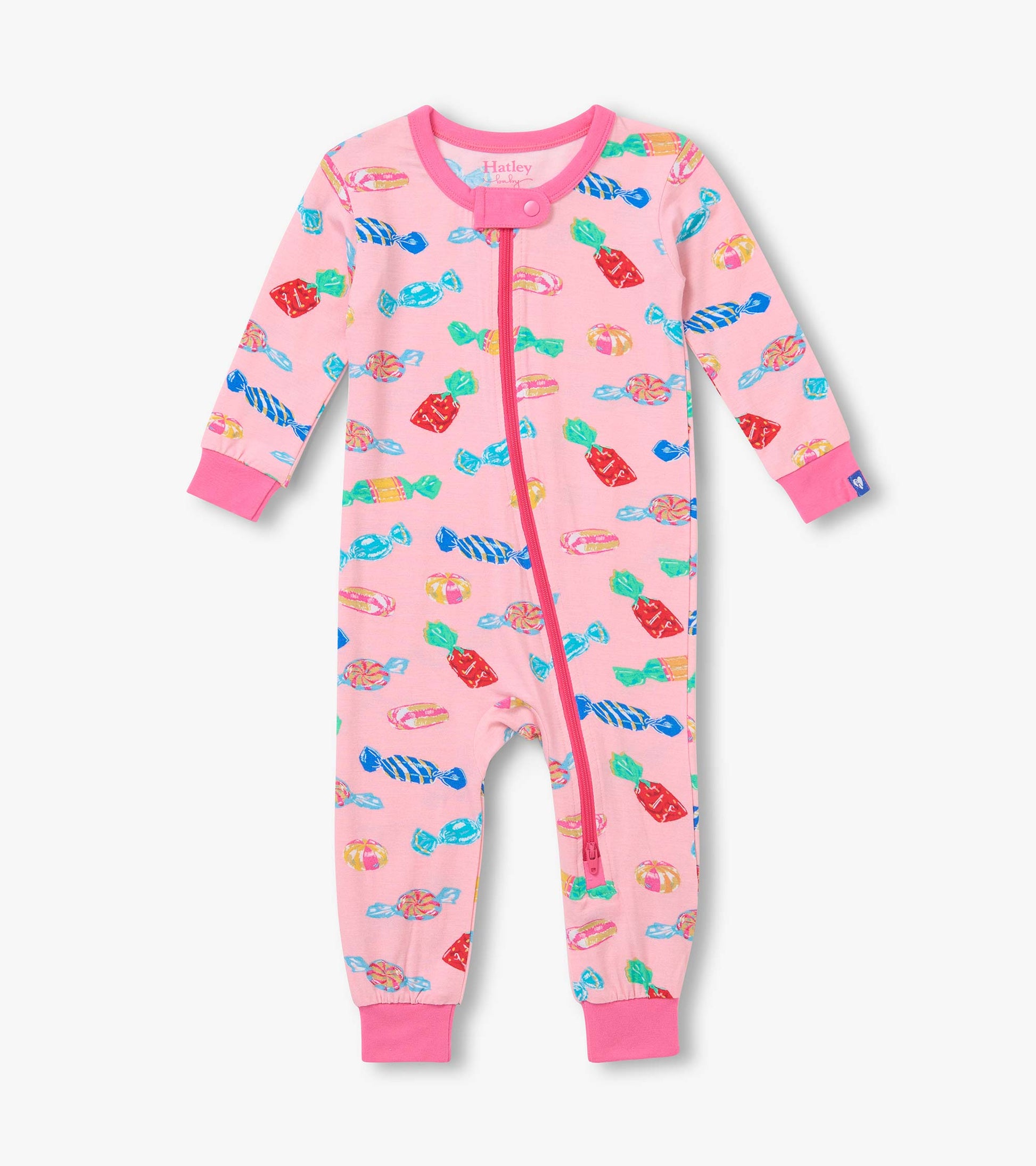 Front view of pink infant coverall with colorful candy print, full zip, and pink cuffs