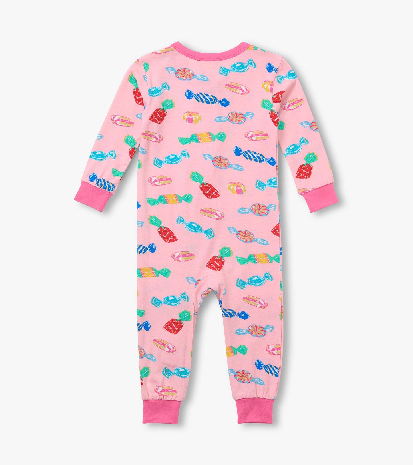 Back view of pink infant coverall with colorful candy print and pink cuffs