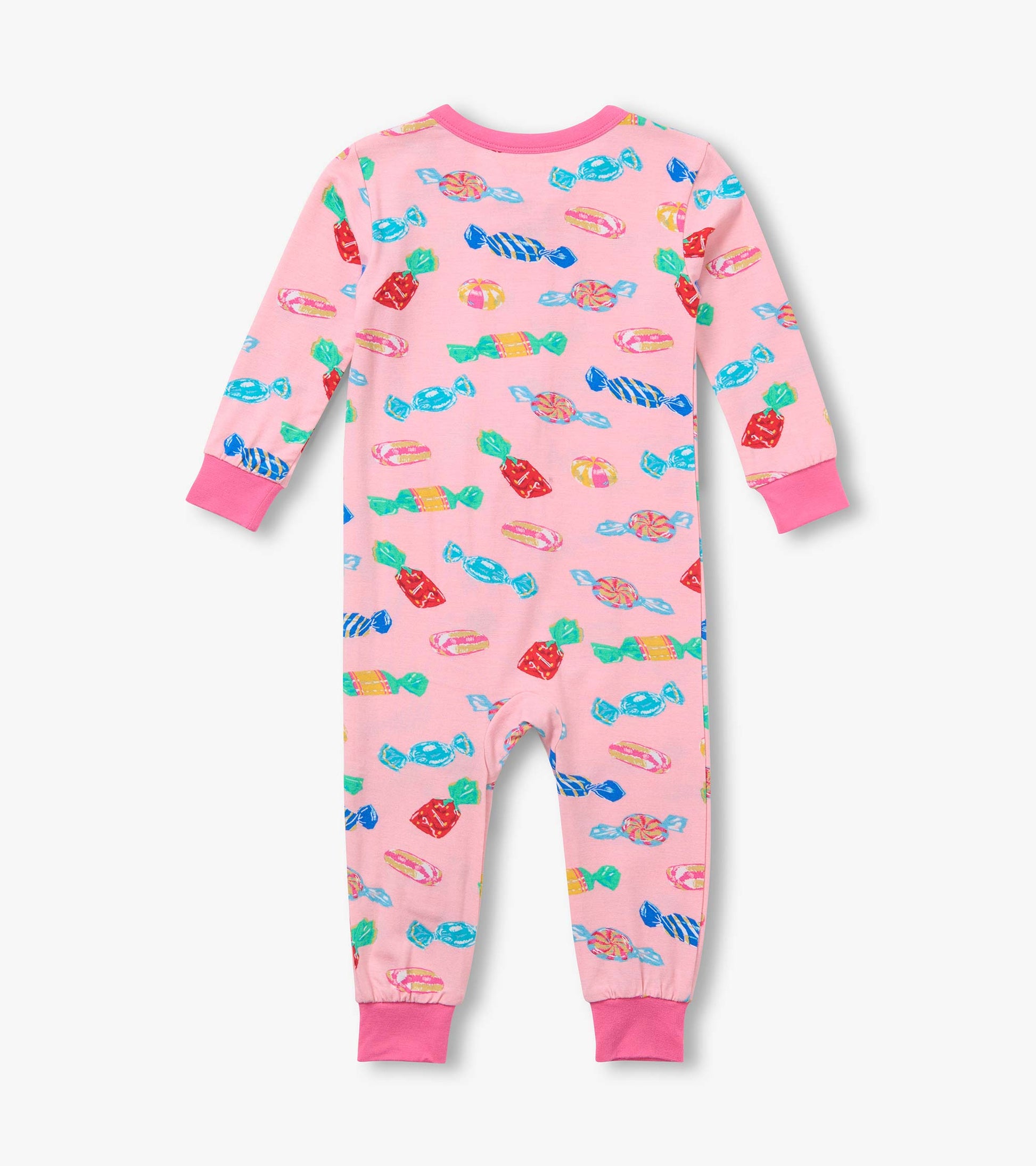 Back view of pink infant coverall with colorful candy print and pink cuffs