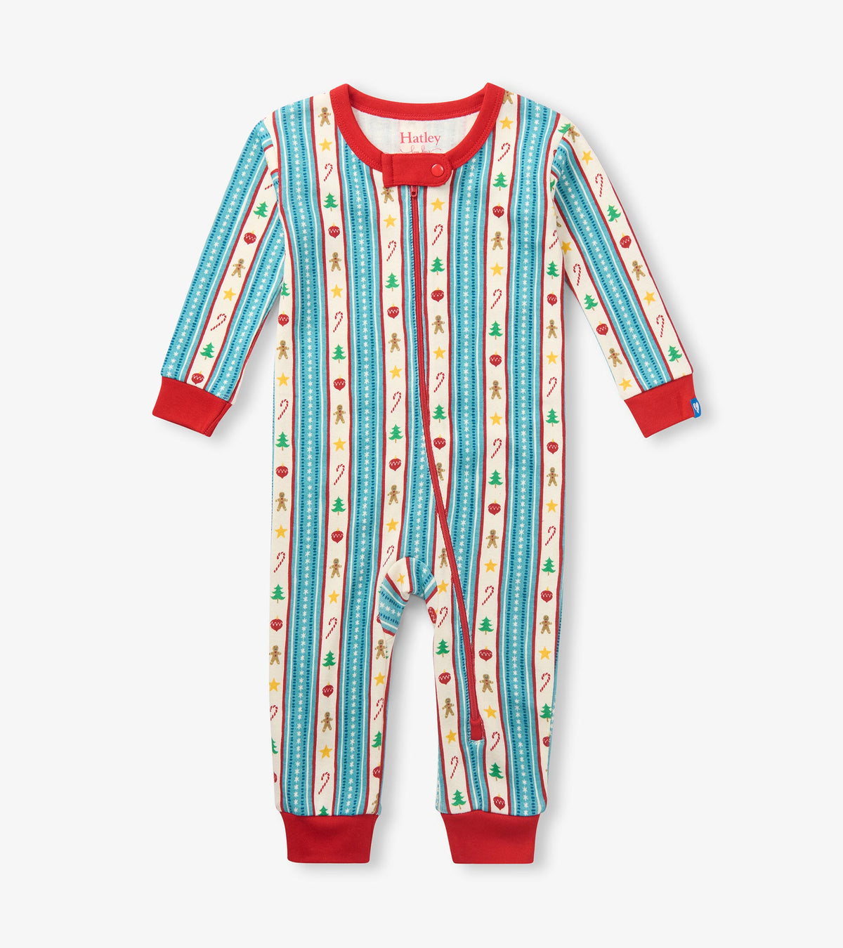 Front view of baby holiday sleeper with red trim and zipper, striped print with trees, candy canes, stars and gingerbread