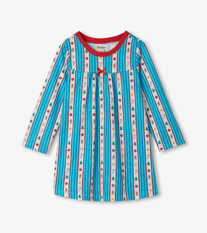 Girls holiday nightdress, front view, with red neckline, red bow, and striped Christmas print