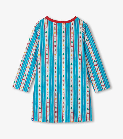 Girls holiday nightdress, back view, with red neckline and striped Christmas print