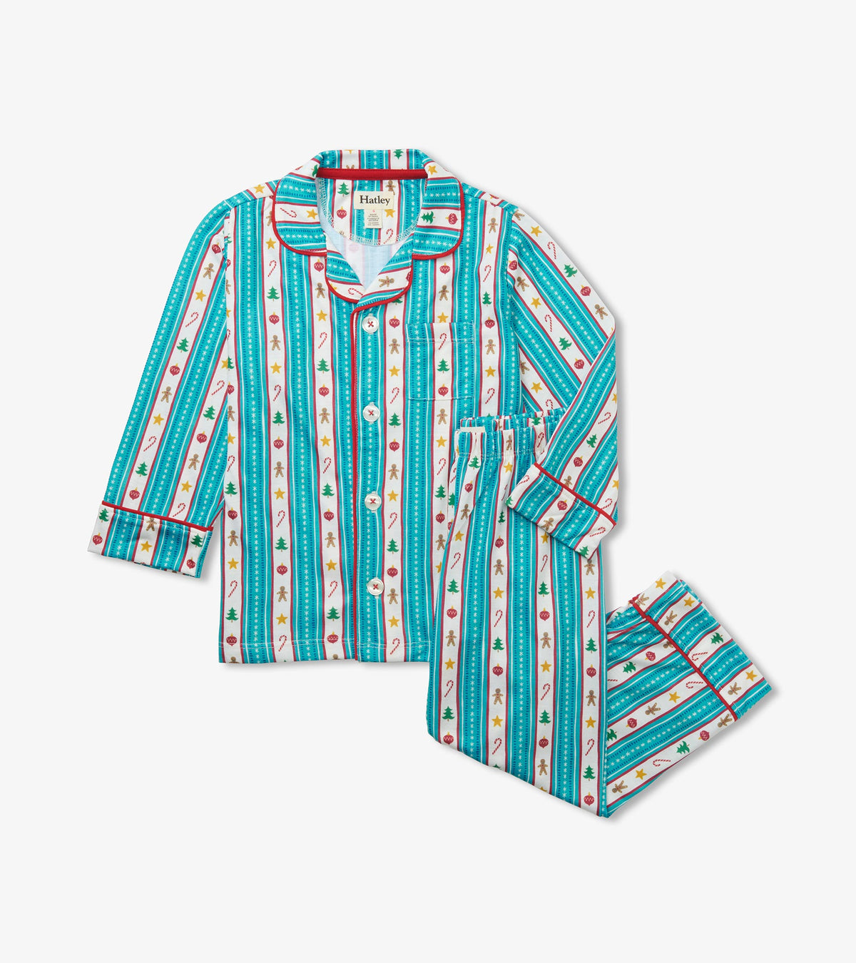 Kids two-piece holiday pajama set with teal stripes, red piping, and candy cane, tree, star and gingerbread print