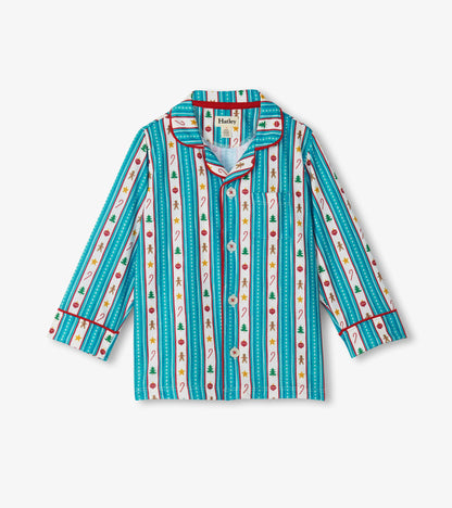 Kids holiday pajama shirt front with teal striped print, red piping, chest pocket, and festive icons