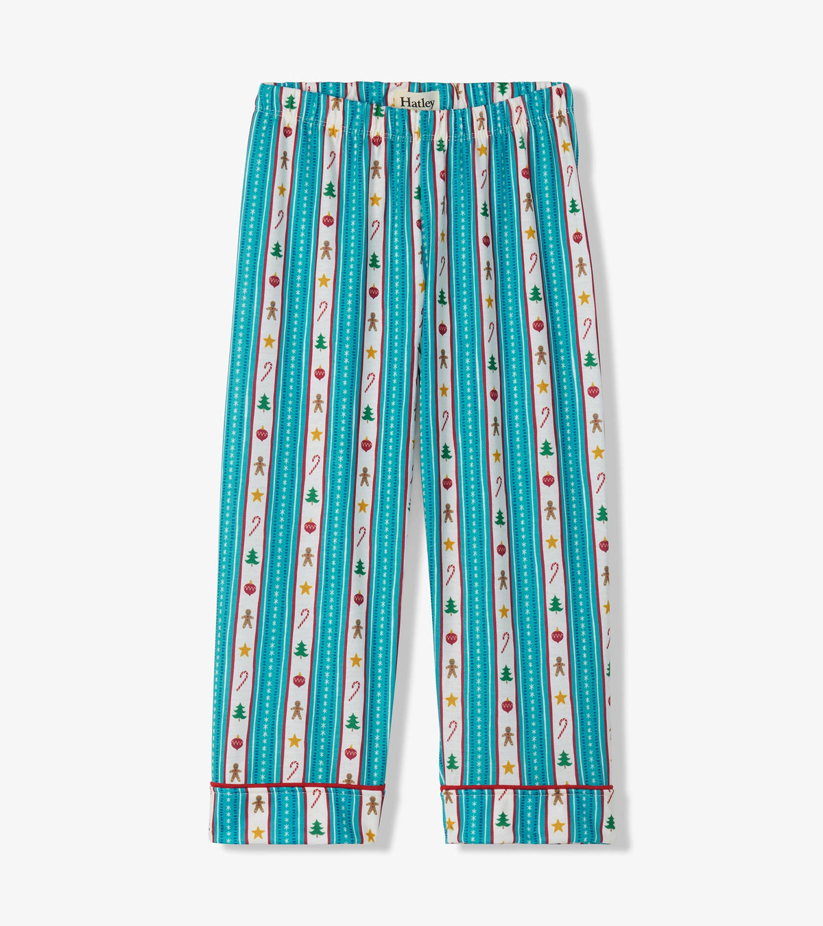 Kids holiday pajama pants front with teal striped print and candy canes, trees, stars, ornaments and gingerbread