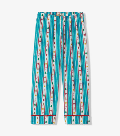 Kids holiday pajama pants front with teal striped print and candy canes, trees, stars, ornaments and gingerbread