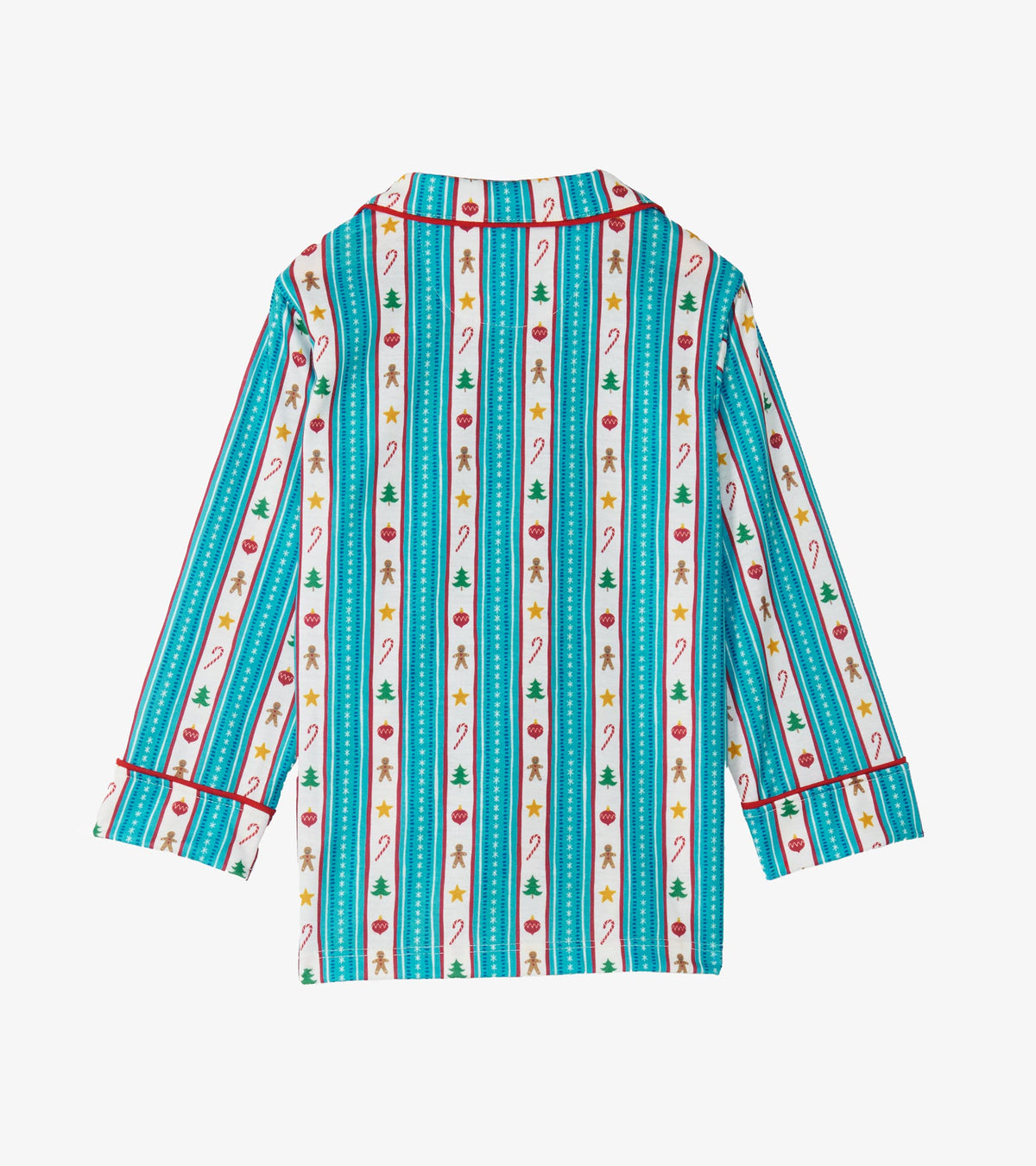 Back view of kids holiday pajama shirt with teal stripes, red piping, and festive icon print