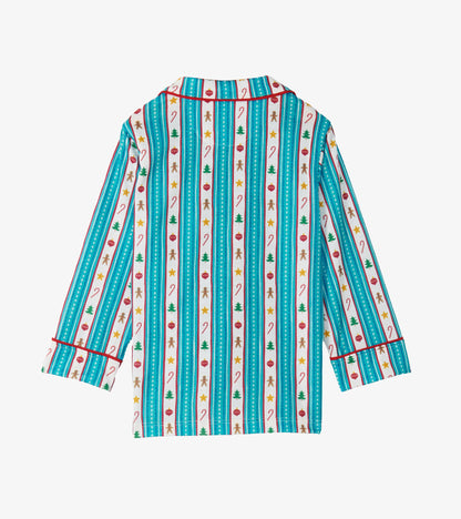 Back view of kids holiday pajama shirt with teal stripes, red piping, and festive icon print