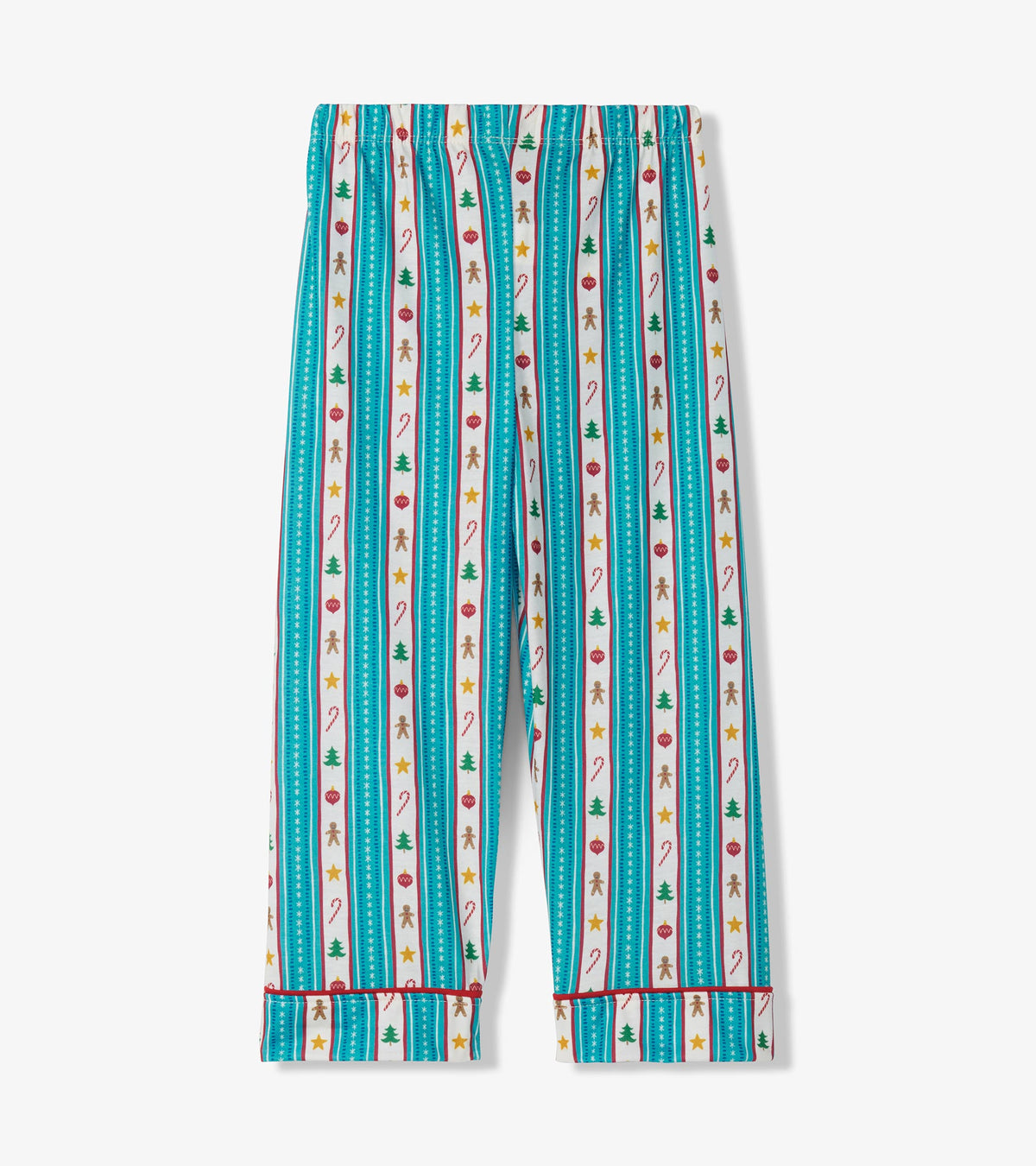 Back view of kids holiday pajama pants with teal striped print and festive icons