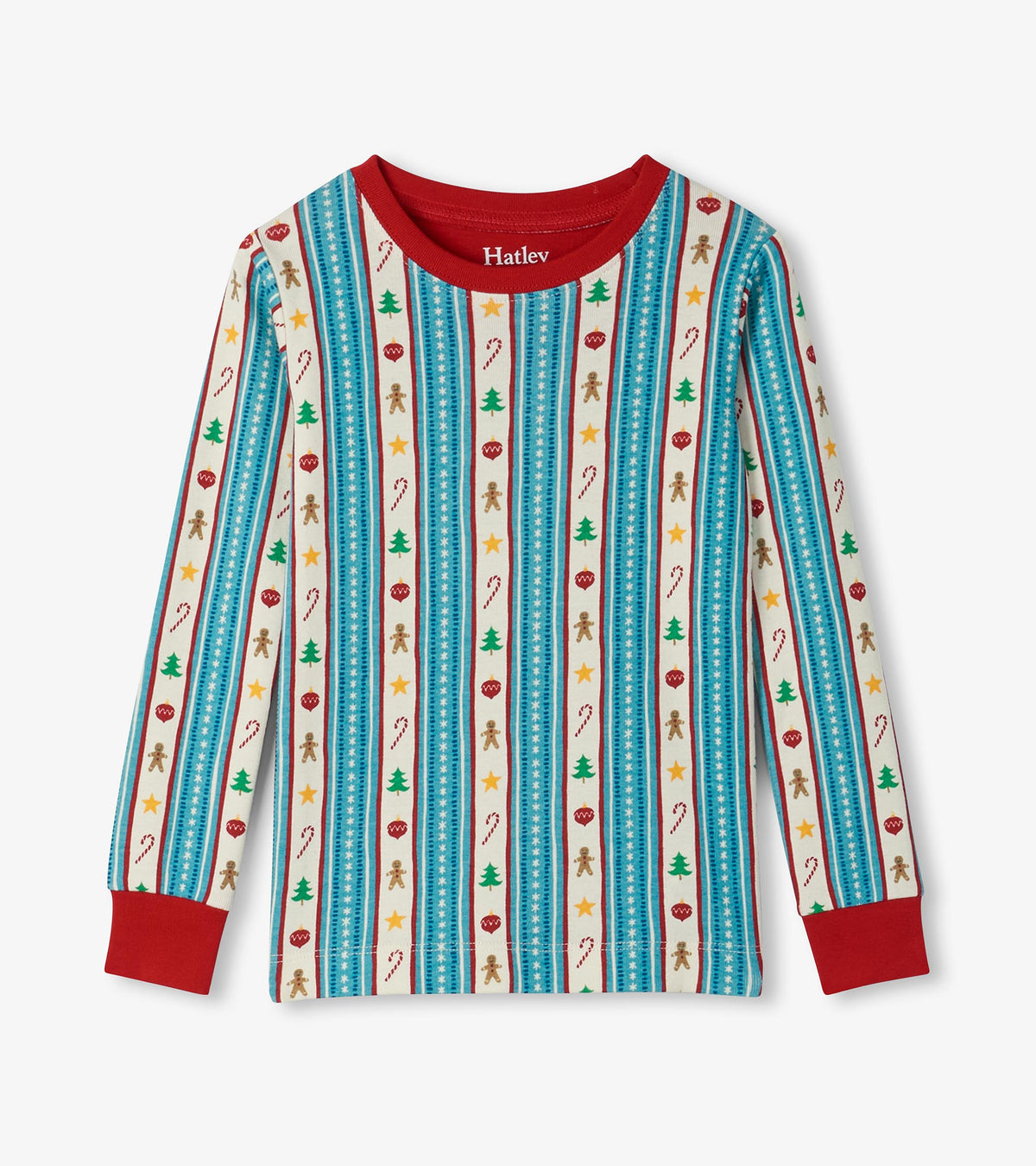 Kids holiday pajama top with red collar and cuffs, blue striped pattern, and festive icons