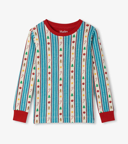 Kids holiday pajama top with red collar and cuffs, blue striped pattern, and festive icons