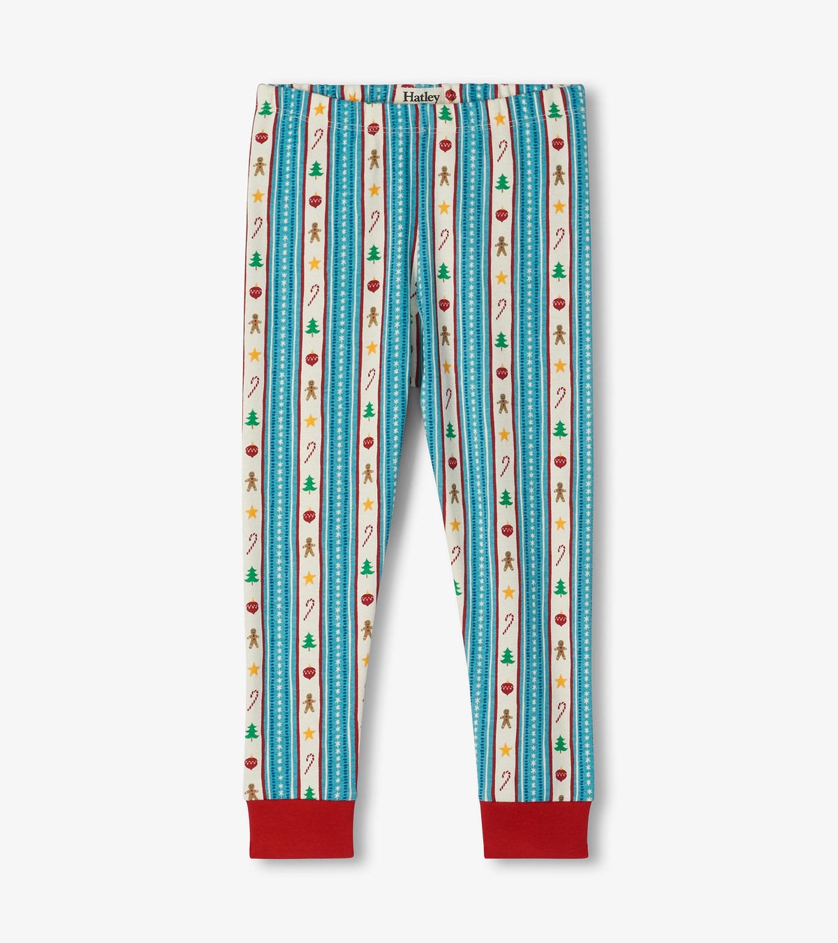 Kids holiday pajama pants with red cuffs, blue striped pattern, and trees, candy canes, stars, ornaments, and gingerbread