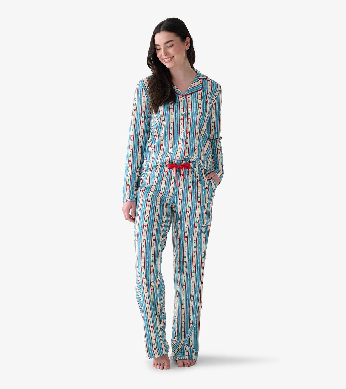 Pyjama 2 pièces à imprimé décorations de Noël boutonné – Femme