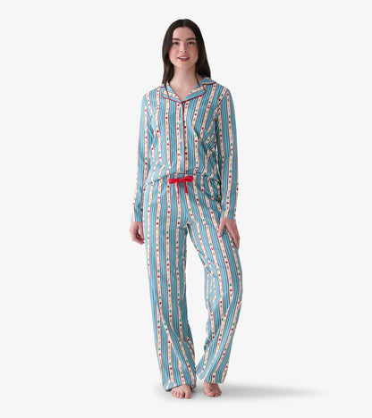 Pyjama 2 pièces à imprimé décorations de Noël boutonné – Femme