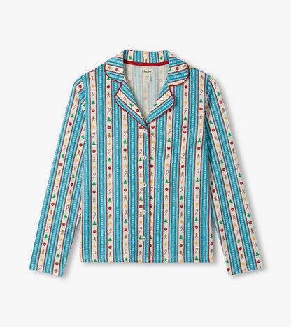 Pyjama 2 pièces à imprimé décorations de Noël boutonné – Femme