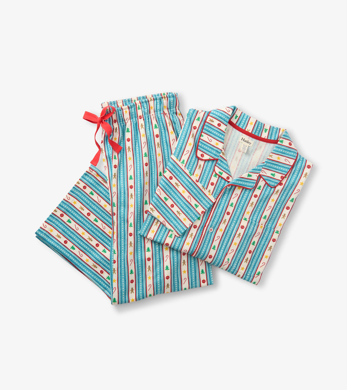 Folded pajama set with blue striped holiday print, collared top, full-length pants, and red drawstring