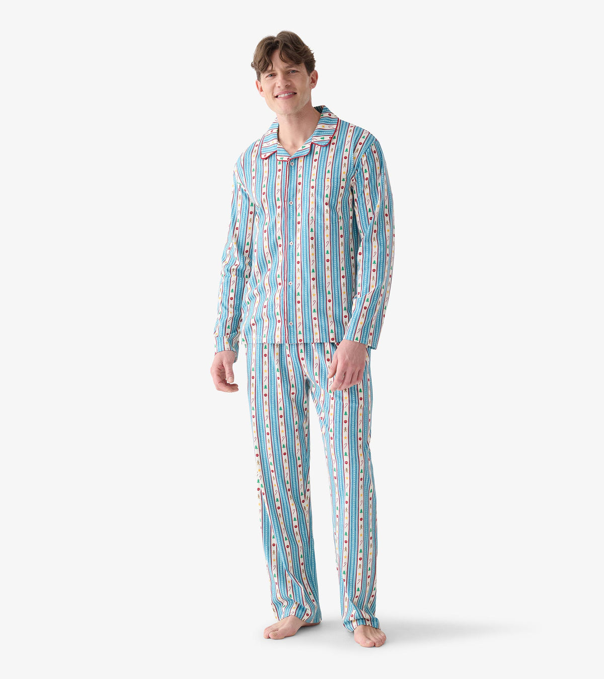 Front view of men's holiday pajama set with blue striped print and collared button-front top