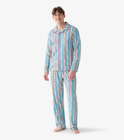 Front view of men's holiday pajama set with blue striped print and collared button-front top