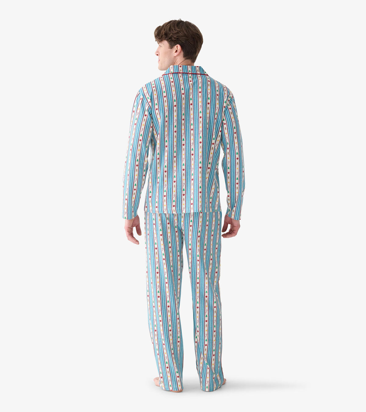 Back view of men's holiday pajama set with blue striped pattern and small festive icons