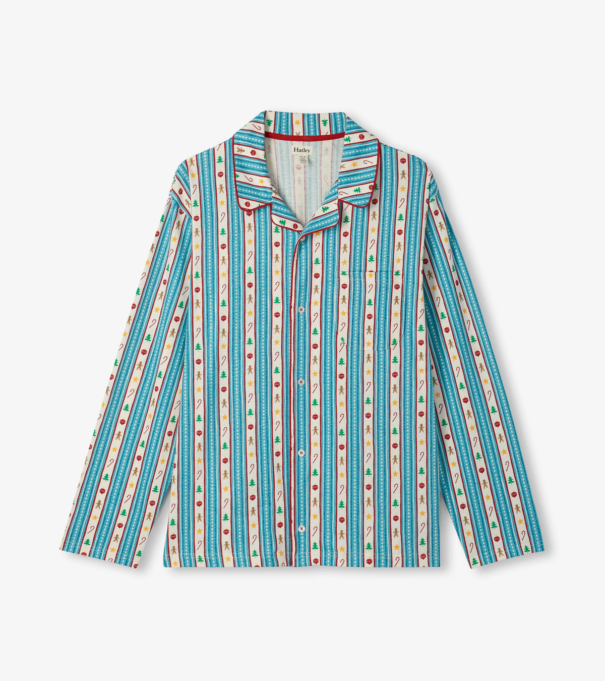 Close-up of pajama top with blue striped holiday print, red piping, chest pocket, and collar