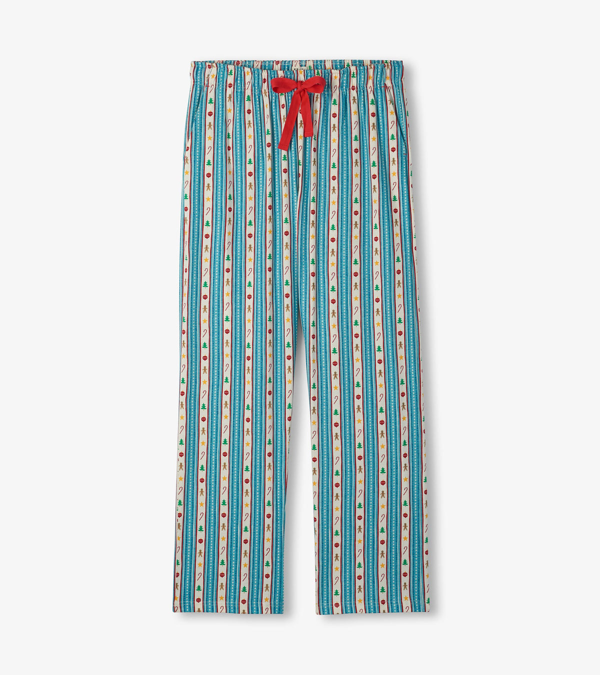 Men's pajama pants with blue striped holiday print and red drawstring waistband