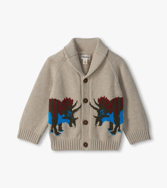 Beige shawl collar cardigan with brown buttons and blue and red dinosaur pattern around the lower half