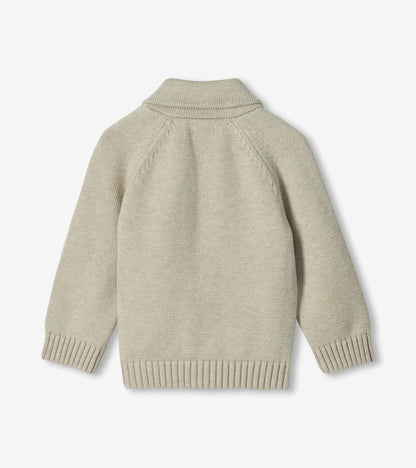 Back view of oatmeal knit cardigan with shawl collar, raglan sleeves, and ribbed hem and cuffs
