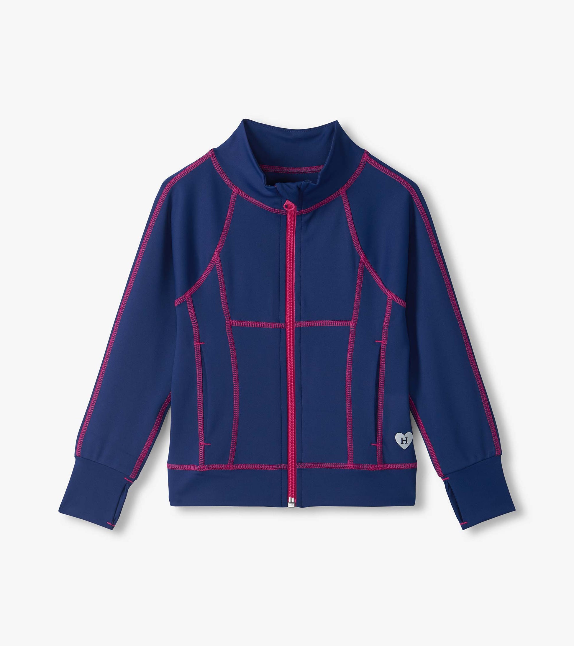 Estate Blue active jacket with front zip, stand collar, pink contrast seams, and long sleeves